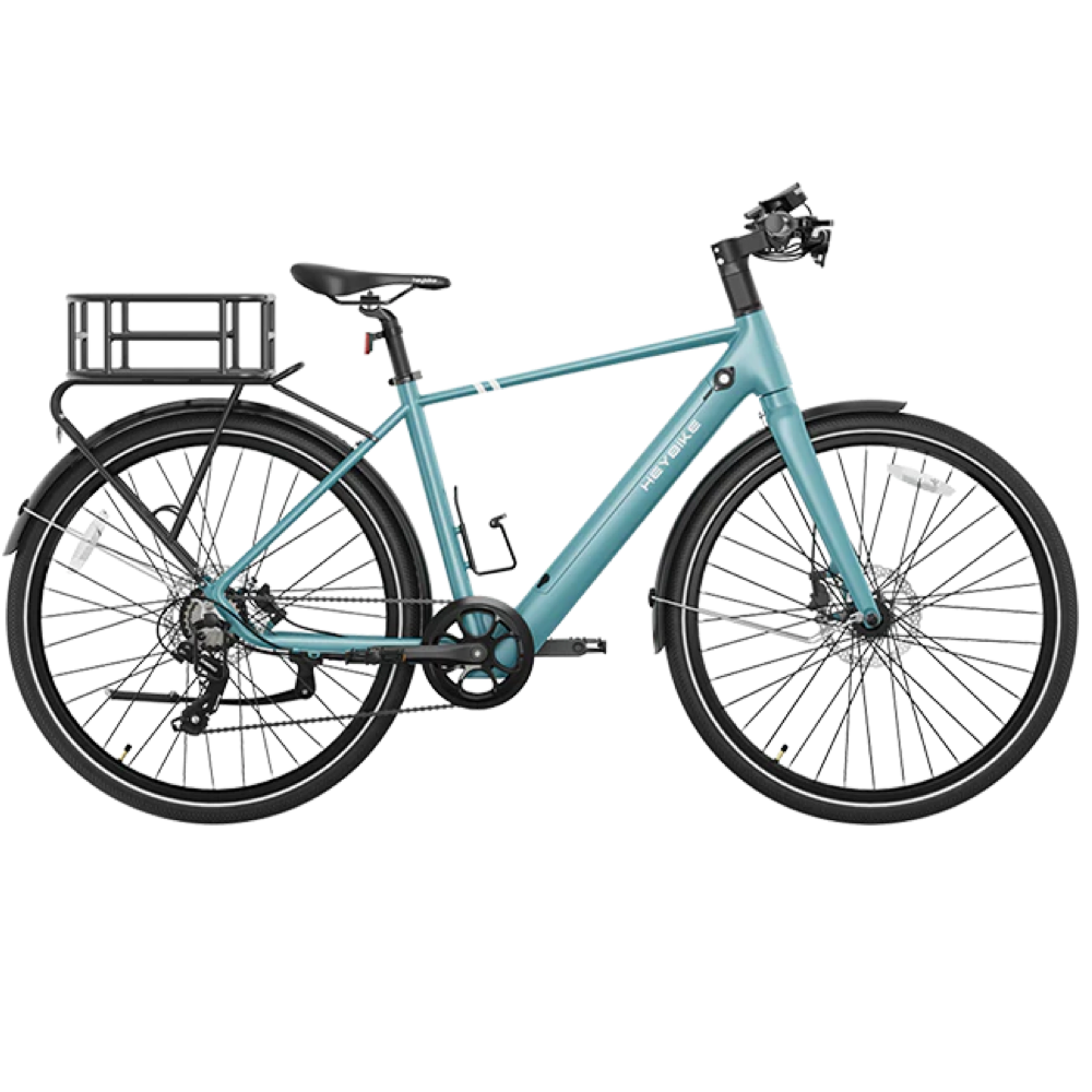 Heybike ec1 electric bike teal blue with pannier rack and basket